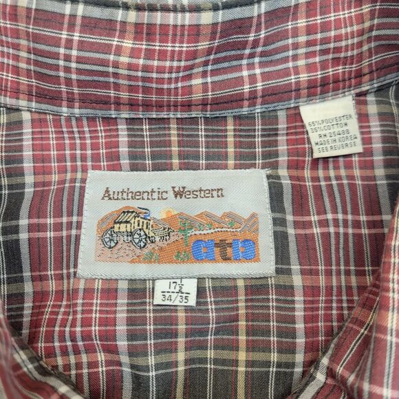 VINTAGE ATB Authentic Western Shirt Plaid Pearl Snap Mens Size 17 34/35 - Picture 5 of 10